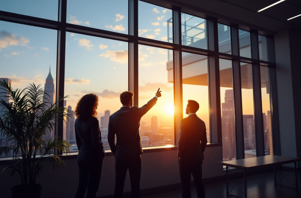 menschen-im-büro-ausblick-sonnenuntergang-rauszeigen