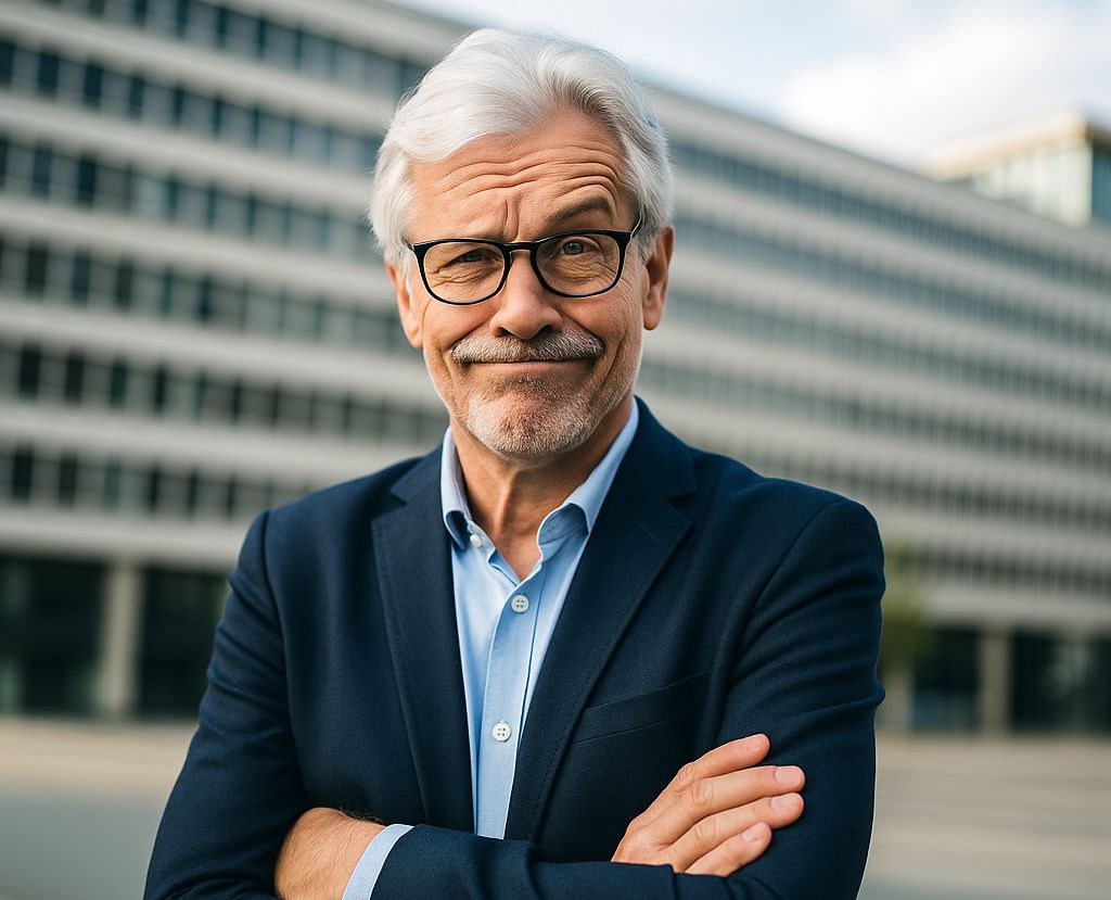 alter-mann-mit-brille-vor-bürogebäude-arme-verschränkt-guckt-skeptisch