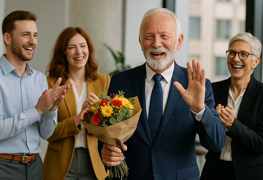 alter-mann-winkt-blumenstrauß-drei-menschen-klatschen-büro